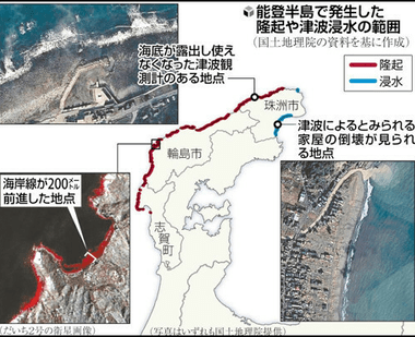 能登半島地震で沿岸部の海底が85kmにわたって隆起して陸地に 海岸が最大200m海側にせり出す
