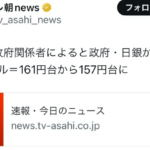 テレ朝「政府関係者によると政府・日銀が為替介入を実施。1$=161円台から157円台へ」