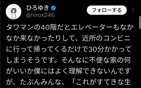 ひろゆき「タワマンの何がいいか僕にはよく理解できない」