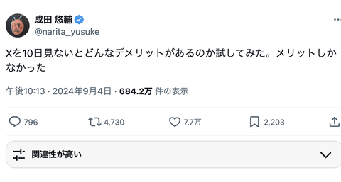 成田悠輔「Ｘを10日見ないとどんなデメリットがあるのか試してみたけどメリットしかなかったわ」