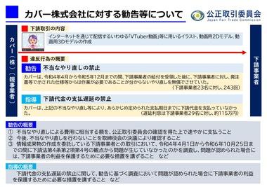 VTuber事務所のカバー､下請法違反 23の下請け事業者に対してやり直しの作業を243回無償で行わせたなど