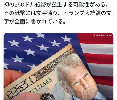 【速報】トランプ大統領肖像の250ドル札、爆誕へｗｗｗｗ