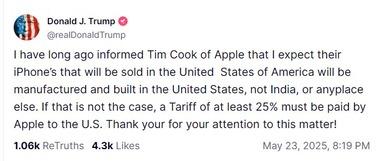トランプ｢EUとの関税交渉は難しい｡6月1日からEUに50%関税を課すことを提案する｣ ｢AppleはアメリカでiPhoneを作らないとアメリカに25%の関税を払うことになる｣