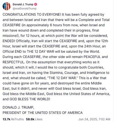 【速報】トランプ大統領｢イスラエルとイランが停戦合意した｣
