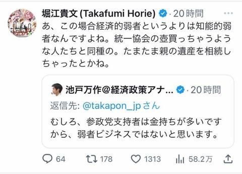 【悲報】ホリエモン「参政党支持してる人は知能的弱者です」
