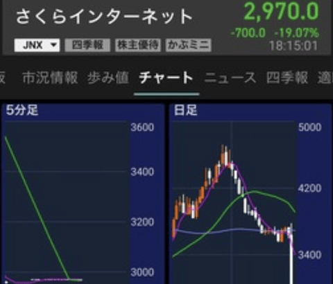 【悲報】さくらインターネット決算狙いで買ったワイ、3時間でマイナス14万