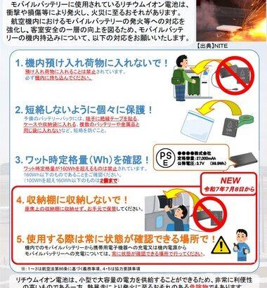 国土交通省･国内の航空会社｢モバイルバッテリーを客室内の荷物棚に入れないで｣ 発火･破裂した場合に備え