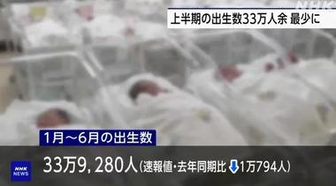 【悲報】日本 2025年上半期の出生数は速報値で33万9000人余 前年同期比1万人余減