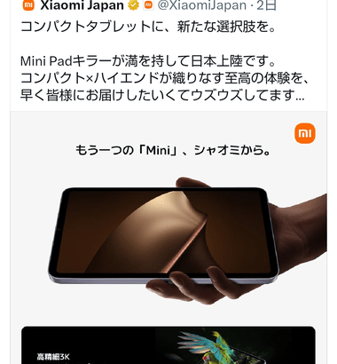 Xiaomi Japanのマーケティングマネージャー､Xiaomi Pad miniの価格について｢みんなの予想が安すぎて発表するの嫌になってきたな｣