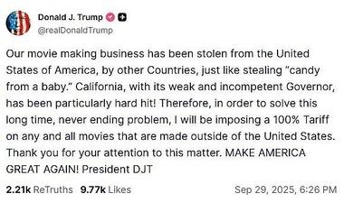 トランプ大統領､アメリカ外で制作された映画に100%関税 家具にも大幅な関税