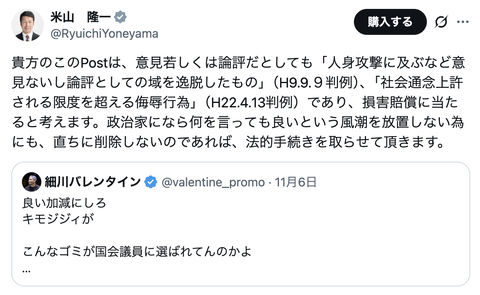 【悲報】細川バレンタイン氏と米山隆一氏、レスバ開始