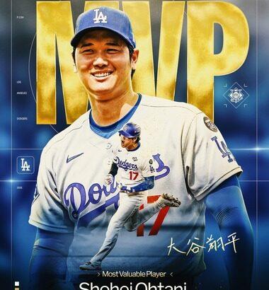 ドジャース･大谷翔平､満票で3年連続MVP受賞 MVP4度目はバリー･ボンズに次ぐ史上2位