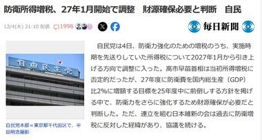 【悲報】自民党､先送りしていた｢防衛所得増税｣は2027年1月開始で調整ｗｗｗ否定的だった高市首相も防衛力強化に財源確保が必要と判断ｗｗｗｗ