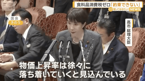 【悲報】高市早苗「物価上昇率は徐々に落ち着いていくと見込んでいる」