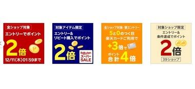楽天スーパーSALE､10日18時から全ショップポイント2倍を開始 リピート購入2倍と0のつく日楽天カード4倍も