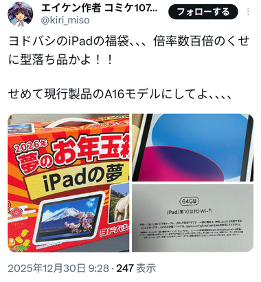 【悲報】人気だったヨドバシの福袋｢2026年夢のお年玉箱 iPadの夢｣の中身は｢iPad(第10世代) 64GB｣
