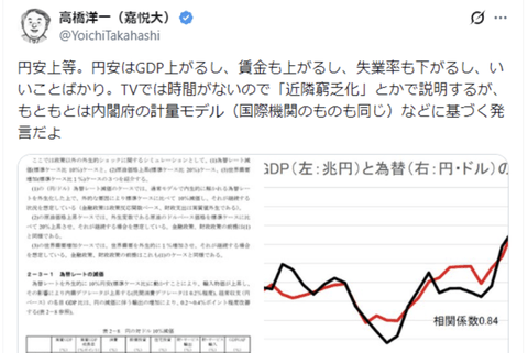 高市早苗のブレーン「円安上等！円安はGDP上がるし賃金も上がるし失業率も下がる。良いことしかない」