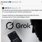 【悲報】イーロンマスク「Grokで違法なコンテンツを投稿する者は結果を覚悟しなければならない」