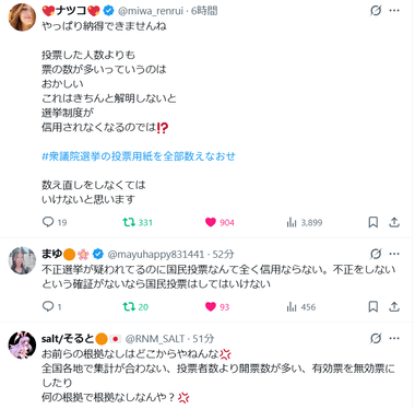 参政党支持者､衆院選の結果について｢チームみらいに300万票を不正に盗まれた｣｢不正選挙｣と騒ぎ始める