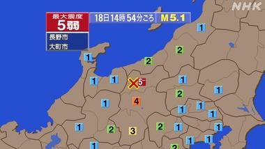 【悲報】長野で震度5強の地震と5弱の地震観測