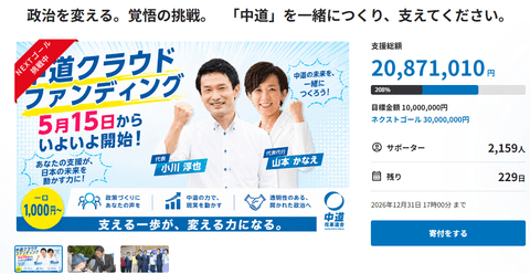 中道改革連合クラファンスタート！集まった額がこちら→