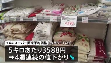 コメ平均価格､4週連続値下がり 5キロあたり3588円 JA会長｢今年のコメは5キロ3500円が目安｡生産者と消費者の双方が納得できる価格帯｣