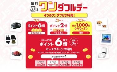 楽天市場｢全ショップポイント3倍 ワンダフルデー＆リピート購入2倍＆最大1000円オフクーポン｣を開始