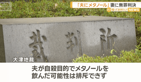 【悲報】「夫が自ら飲んだ疑い否定できず」妻に無罪判決。夫にメタノールを飲ませ視力障害を負わせた罪