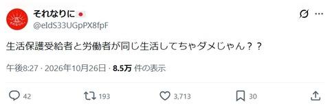 【悲報】日本人「生活保護が労働者と同等の生活を送ろうとするな」